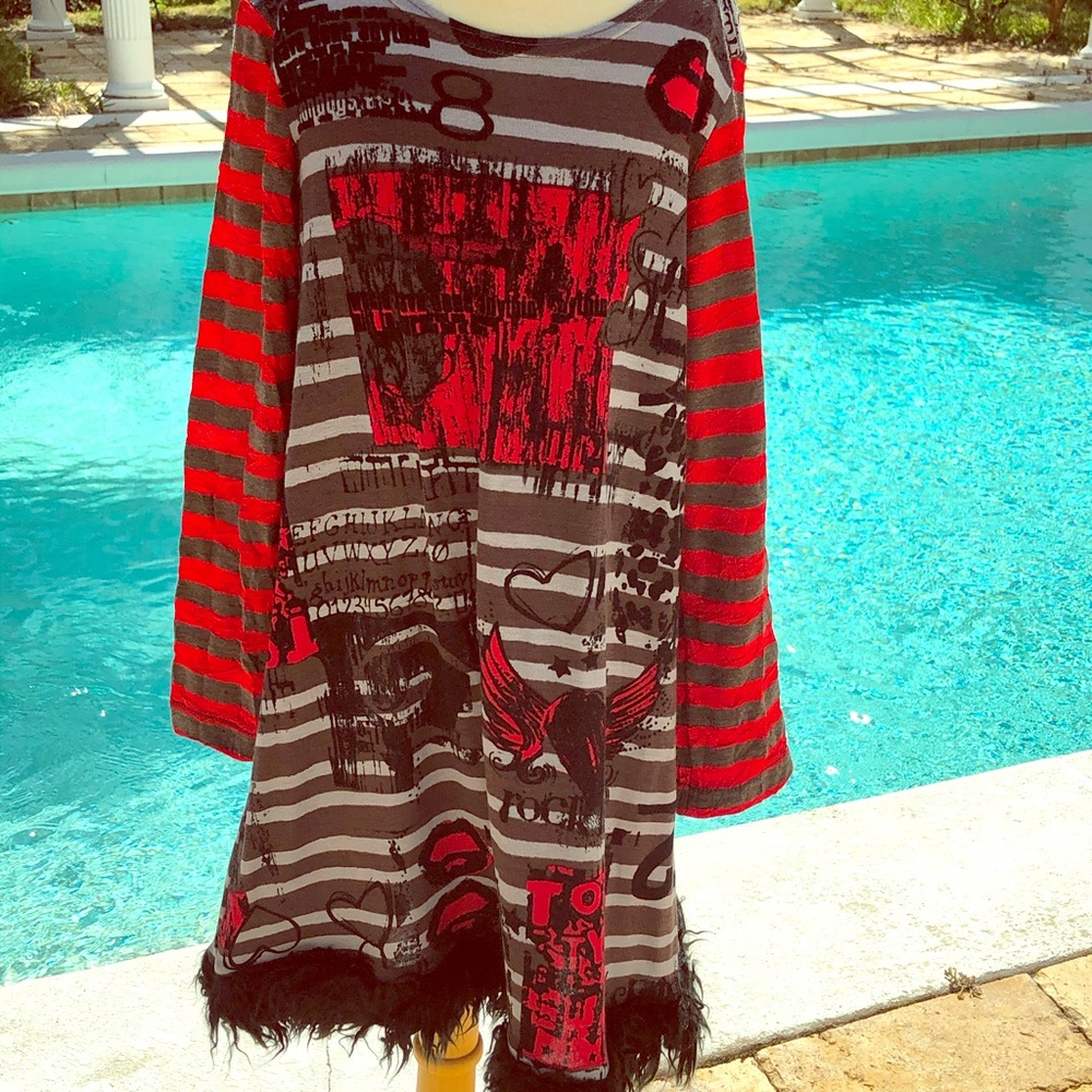 Zaza Couture Red/ Black L/S Dress fuzzy hem
